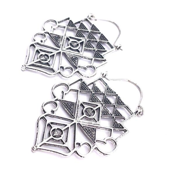 Silver Detailed Boho Asian Inspired Dangling Drop Hinged Hook Earrings - Picture 3 of 5